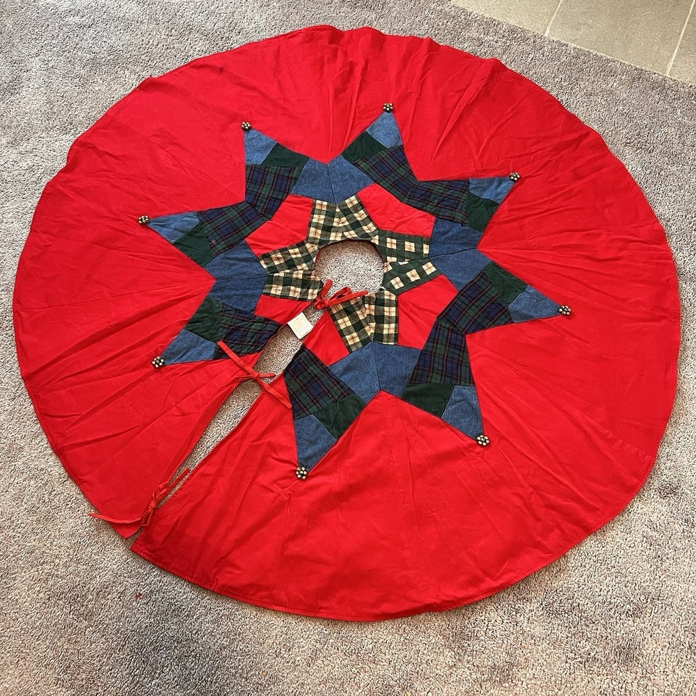 Pier 1 Christmas Tree Skirt Patch Work Star‎ Jingle Bells Cottage Red Blue Green